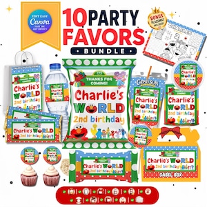 May include: A 10 party favours bundle featuring Sesame Street themed labels for water bottles, chip bags, candy bars, cupcake toppers, and gable boxes. Each item displays the text Charlie's World 2nd birthday with colourful character graphics.