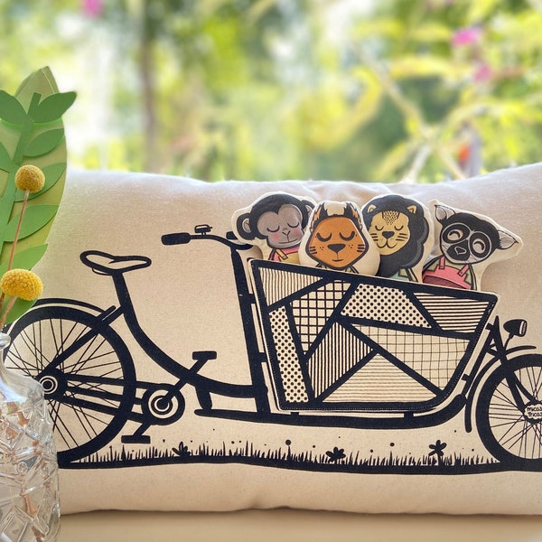 Bakfiets cushion - interactive - cargo bike - plushie - toy - playful - pocket - silkscreen - handprint - fair trade cotton - kids room