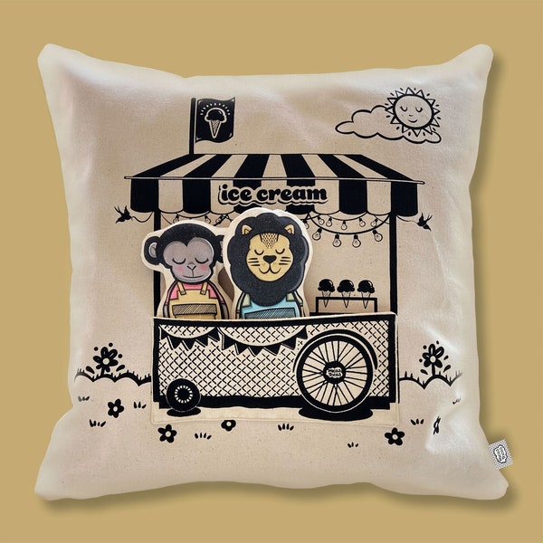 Ice cream stand cushion - interactive - plushie - toy - playful - pocket - handmade - handprint - fair trade cotton - kids room