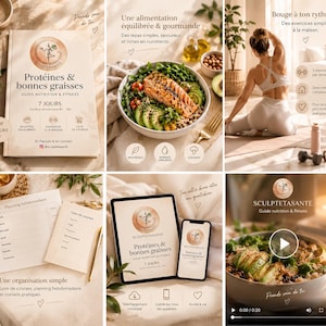 Può includere: Una guida digitale di nutrizione e fitness intitolata Protéines & bonnes graisses 7 JOURS, che include un piano alimentare, una lista della spesa ed esercizi. La guida è mostrata su tablet e smartphone, accompagnata da una ciotola di salmone e verdure.