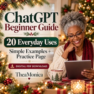 May include: A digital PDF download titled ChatGPT Beginner Guide 20 Everyday Uses Simple Examples + Practice Page by TheaMonica. The text is displayed in dark green and maroon on a white background with festive holiday decorations and greenery.