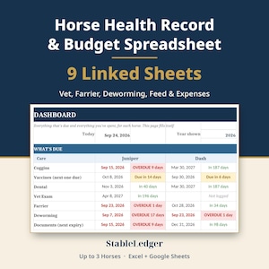 Può includere: Un foglio di calcolo digitale per la salute e il budget dei cavalli con 9 fogli collegati per tracciare veterinario, maniscalco, sverminazione e spese. La dashboard mostra una tabella con le scadenze per due cavalli.