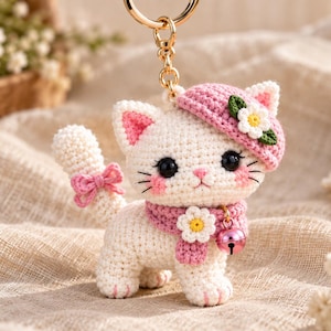 Cat Keychain Crochet Patter, Daisy Cat Amigurumi Pattern PDF,  Easy Crochet Kitten Keychain Pattern