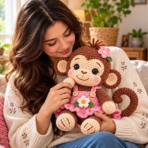 May include: A brown crocheted monkey soft toy featuring large dark eyes, pink cheeks, and a curly tail. The monkey is dressed in a pink frock with two small buttons and a white flower appliqué, with a small pink flower attached to its head.