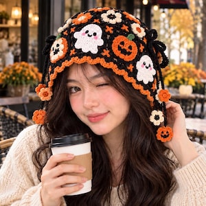 Halloween Crochet Hat Pattern , Ghost Pumpkin Granny Hat Pattern , Spooky Patchwork Crochet Hat PDF