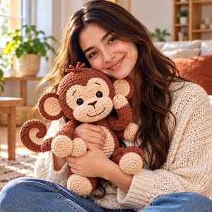 May include: A crocheted monkey stuffed animal featuring dark brown yarn for the body and head, with light beige yarn accents on the face, ears, hands, feet, and belly. The monkey has black plastic eyes, a stitched nose and mouth, and a curled tail.