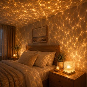 May include: A square glass table lamp with a textured, rippled surface sits on a wooden nightstand. The lamp emits a warm, golden light that projects intricate, water-like patterns across the surrounding walls and ceiling of the bedroom.