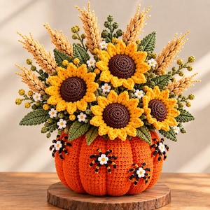 May include: A crocheted orange pumpkin base decorated with small black and white spiders, topped with a vibrant arrangement of crocheted yellow sunflowers, green leaves, and golden wheat stalks, creating a textured, multi-colored floral display.
