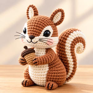 May include: A crocheted squirrel figurine featuring brown and cream yarn, large black plastic eyes, and a dark brown nose. The squirrel holds a small brown and tan crocheted acorn in its front paws and has a large, bushy, striped tail.