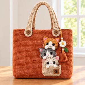 May include: A rust-colored crochet tote bag featuring two sturdy handles attached with brown buttons. The front displays a beige pocket containing three stacked, crocheted cat faces in orange, gray, and cream, with a dangling flower and tassel charm.