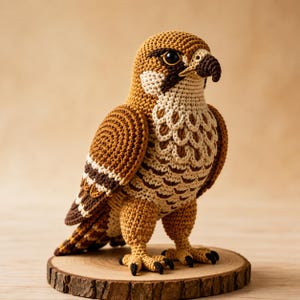 Puede incluir: Una figura de halcón tejida a ganchillo con un patrón detallado de hilo marrón, beige y crema. El ave tiene un pico marrón oscuro, ojos negros y puntadas de plumaje texturizadas. Se mantiene erguida sobre una base de madera circular.