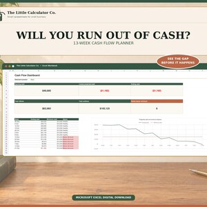May include: A digital 13-week cash flow planner spreadsheet displayed on a screen. The interface features a dashboard with opening cash, total inflows, total outflows, and a line graph showing projected balances. Text includes "WILL YOU RUN OUT OF CASH?" and "SEE THE GAP BEFORE IT HAPPENS."