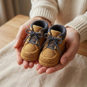 Puede incluir: Un par de pequeños patucos de bebé tejidos a ganchillo a mano, diseñados para parecer botas de trabajo de color ocre. Los patucos presentan un cuerpo de hilo texturizado ocre, puños acanalados gris oscuro y cordones gris oscuro.