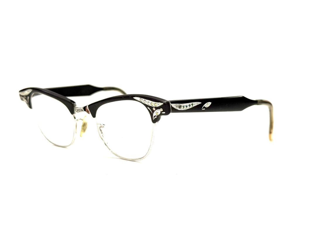 Craft Black and Silver Vintage 1950’s Semi-Rim Cat Eye Eyeglasses Vintage Black and Silver Cat Eyed Reading Glasses, Aged  main image 2