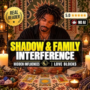May include: A person with dark curly hair sits at a table with tarot cards, candles, and crystals. The text reads SHADOW & FAMILY INTERFERENCE, HIDDEN INFLUENCES, and LOVE BLOCKS. A gold seal says REAL READER and a badge shows 5.0 stars.