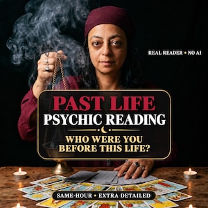 May include: A person in a maroon shirt and head covering performs a psychic reading with tarot cards and a smoking incense burner. Text reads: PAST LIFE PSYCHIC READING, WHO WERE YOU BEFORE THIS LIFE?, REAL READER NO AI, SAME-HOUR EXTRA DETAILED.