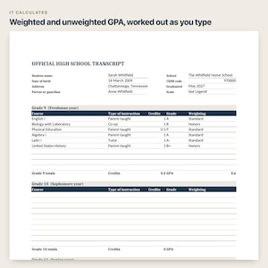 May include: An official high school transcript document titled IT CALCULATES Weighted and unweighted GPA, worked out as you type. It lists student Sarah Whitfield, born 14 March 2009, from The Whitfield Home School, showing Grade 9 courses and grades.