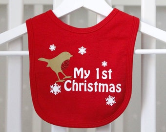 My First Christmas Robin Bib, Christmas Dinner Bib For Your Little Ones First Christmas, Baby's First Christmas Gift, Red Babygrow And Bib