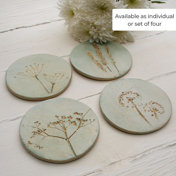 Green And Gold Wild Flower Ceramic Coasters