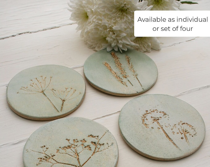 Green And Gold Wild Flower Ceramic Coasters