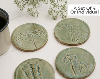 Green Meadow Wild Flower Ceramic Coasters, Set Of Four Ceramic Coasters or Individual