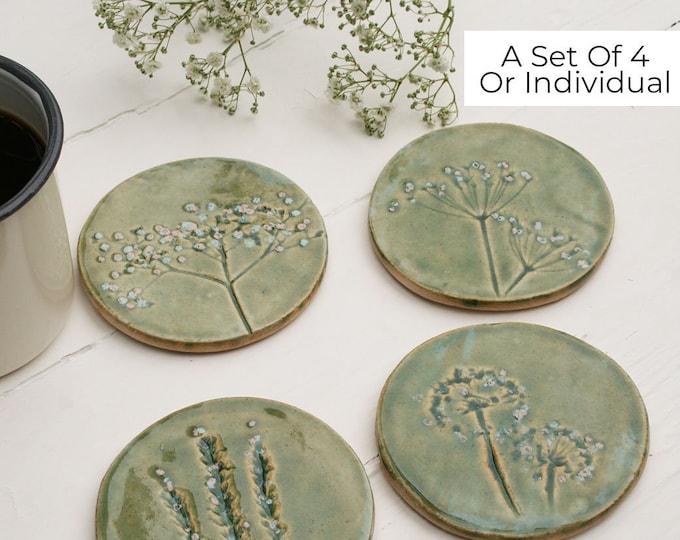 Green Meadow Wild Flower Ceramic Coasters, Set Of Four Ceramic Coasters or Individual