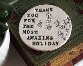 Personalised Ceramic Thank You Coaster, Custom circular coaster for friends and family to say thanks