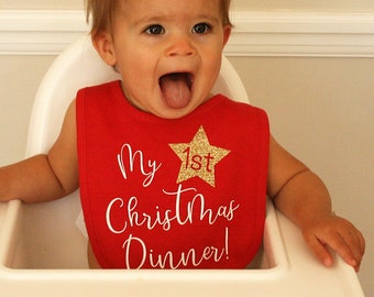 My First Christmas Dinner Baby Bib, Red Cotton Baby Bib For Christmas Dinner, Gifts for Little One for Christmas