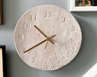 Cream Lace Wall Clock, Kitchen Accessories, Handmade Hand painted Ceramic Clock, Housewarming Gift