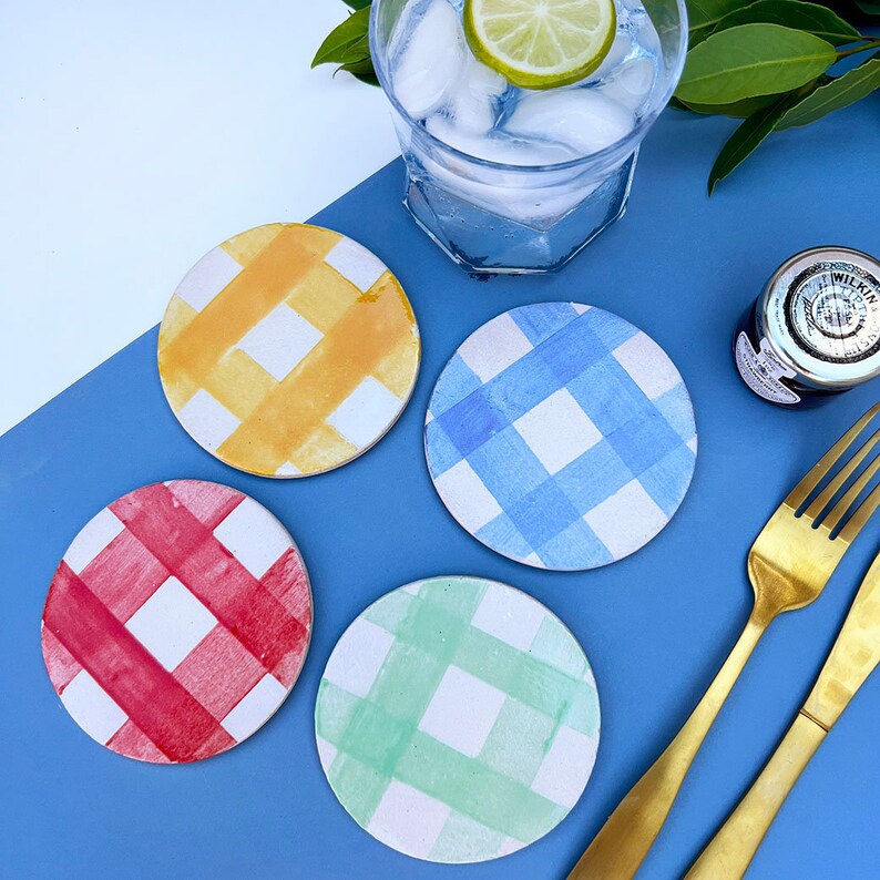 Round Ceramic Picnic Styled Coasters, Handmade Gingham Pattern Coasters, Set of 6 or Individual, Gifts for the home Yellow