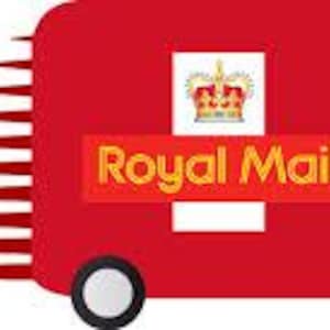 May include: A red Royal Mail delivery truck with a white and yellow logo featuring a crown. The truck is speeding with a red and white blur effect.