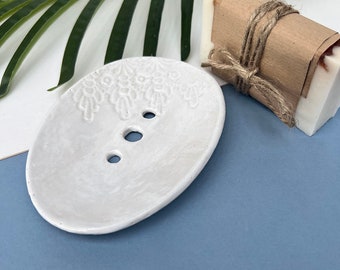 Cream Lace Oval Ceramic Soap Dish With Drainage