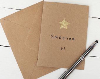 Smashed It Card, Celebration Gold Star A6 Greetings Card, Add Matching Coaster or Hanging Heart