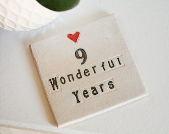 Nine Year Anniversary Ceramic Coaster, Personalised 9 Year Anniversary Ceramic Gift, Gifts for Him and Gifts for Her, Couple Gifts