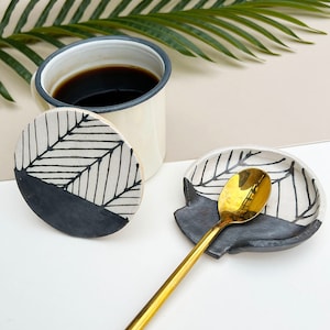 Black Herringbone Coaster - Kitchen and Living Room decor, Spoon holder for kitchen - ceramic handmade pottery