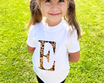 Leopard Print Initial T Shirt, Initial Top and Babygrow for Kids Birthday, Animal Print Gifts, Children's Personalised Clothing