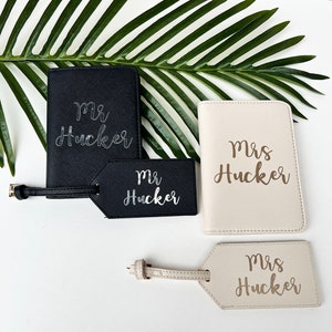 Mr and Mrs Passport Cover and Luggage Tag Set, Travel Sets for Couples, Personalised Cover and Tag, Leather Look Black and Off White