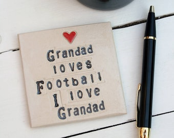 Grandad Loves Football Ceramic Coaster, Personalised Ceramic Pottery Coaster for Grandad, Football Lover Gift