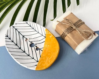 Mustard Herringbone Ceramic Soap Dish With Drainage