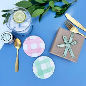 Round Ceramic Picnic Styled Coasters, Handmade Gingham Pattern Coasters, Set of 6 or Individual, Gifts for the home image 2