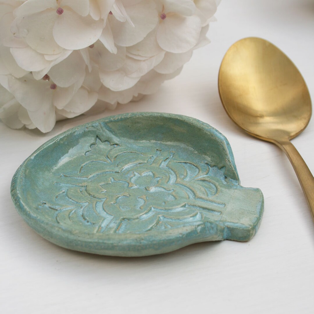 Repose-cuillère En Bois Et Marbre – Fait Main En Inde, Vintage, Motif Marbré Blanc