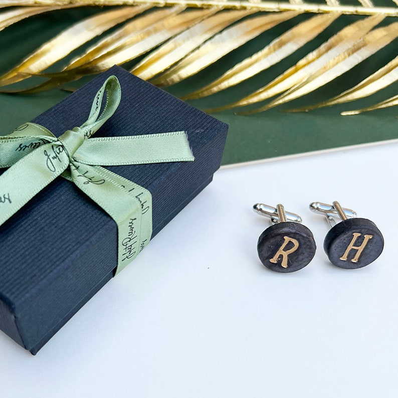 Father's Day Initial Cuff Links, Black and Gold Modern Ceramic Cuff Links, Personalised Cuff Links, Gifts for Him, Gifts for Wedding image 3