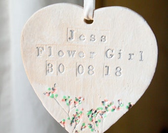 Flower Girl Ceramic Hanging Heart, Personalised Ceramic Decoration Keepsake For Flower Girl, Gifts For Bridal Party