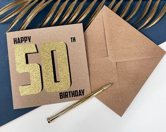 50th Black And Gold Birthday Card, Milestone Birthday Greetings Card, Blank Inside For Own Message
