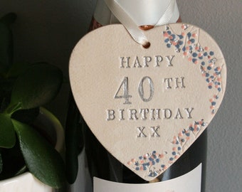 40th Birthday Hanging Heart, Milestone Birthday Ceramic Gift With Optional Matching Greetings Card