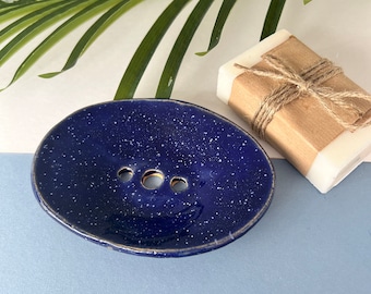 Dark Blue Ceramic Soap Dish With Drainage