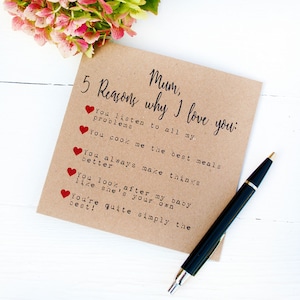 Five Reasons I Love You Mother's Day Card, Custom Card for Mum, Add your own text, Greetings Cards for Her, Blank Inside For Own Message