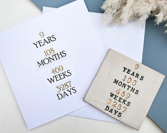 Black and Gold 9 Year Anniversary Ceramic Coaster, Years, Months, Weeks, Days, Gifts for wedding anniversary