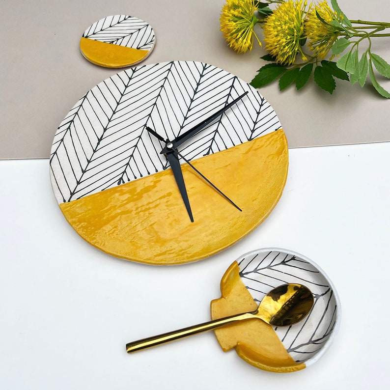 Mustard Herringbone Wall Clock, Kitchen Accessories, Handmade Hand painted Ceramic Clock, Housewarming Gift image 4