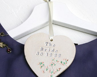 The Bride Floral Hanging Heart, Personalised Ceramic Hanign Decoration For Bride, Wedding Day Gifts For Her